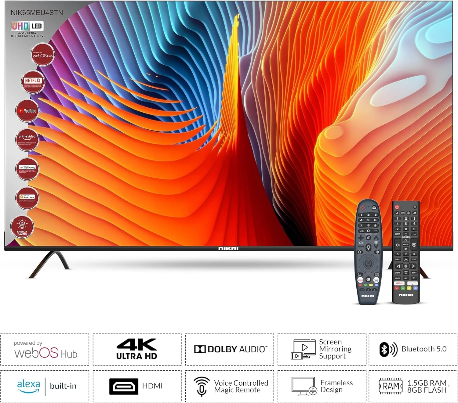 تلویزیون هوشمند 65 اینچ نیکای UHD LED WebOS سری پلاتینیوم، ریموت جادویی، طراحی صفحه نمایش سینمایی 4K Ultra HDR، Dolby Audio، کنترل صوتی هوشمند، برنامه های YouTube، Netflix، Shahid – NIK65MEU4STN