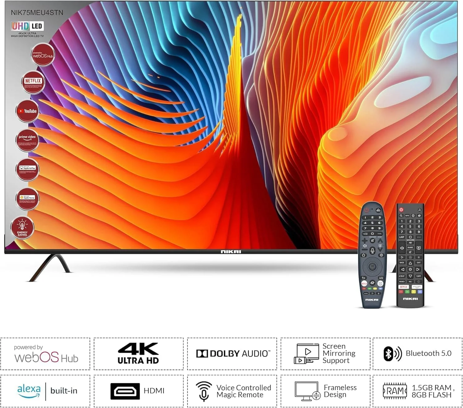 تلویزیون هوشمند 75 اینچ UHD LED نیکای سری پلاتینیوم WebOS، ریموت جادویی، طراحی صفحه نمایش سینمایی 4K Ultra HDR، صدای دالبی، کنترل صوتی هوشمند، برنامه های YouTube، Netflix، Shahid - NIK75MEU4STN