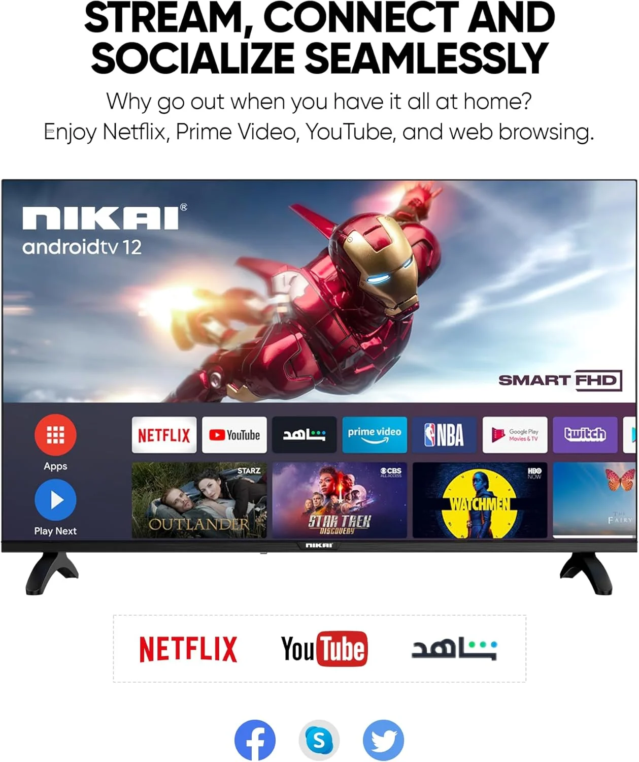 تلویزیون ال ای دی هوشمند 42 اینچ نیکای | وای فای داخلی، برنامه های هوشمند، 2 پورت HDMI، رم 1 گیگابایتی | بلندگوهای 16 واتی، پردازنده چهار هسته ای | قاب فوق العاده باریک، تایمر خواب، خاموش شدن خودکار | OSD چند زبانه | NTV4300SLEDT