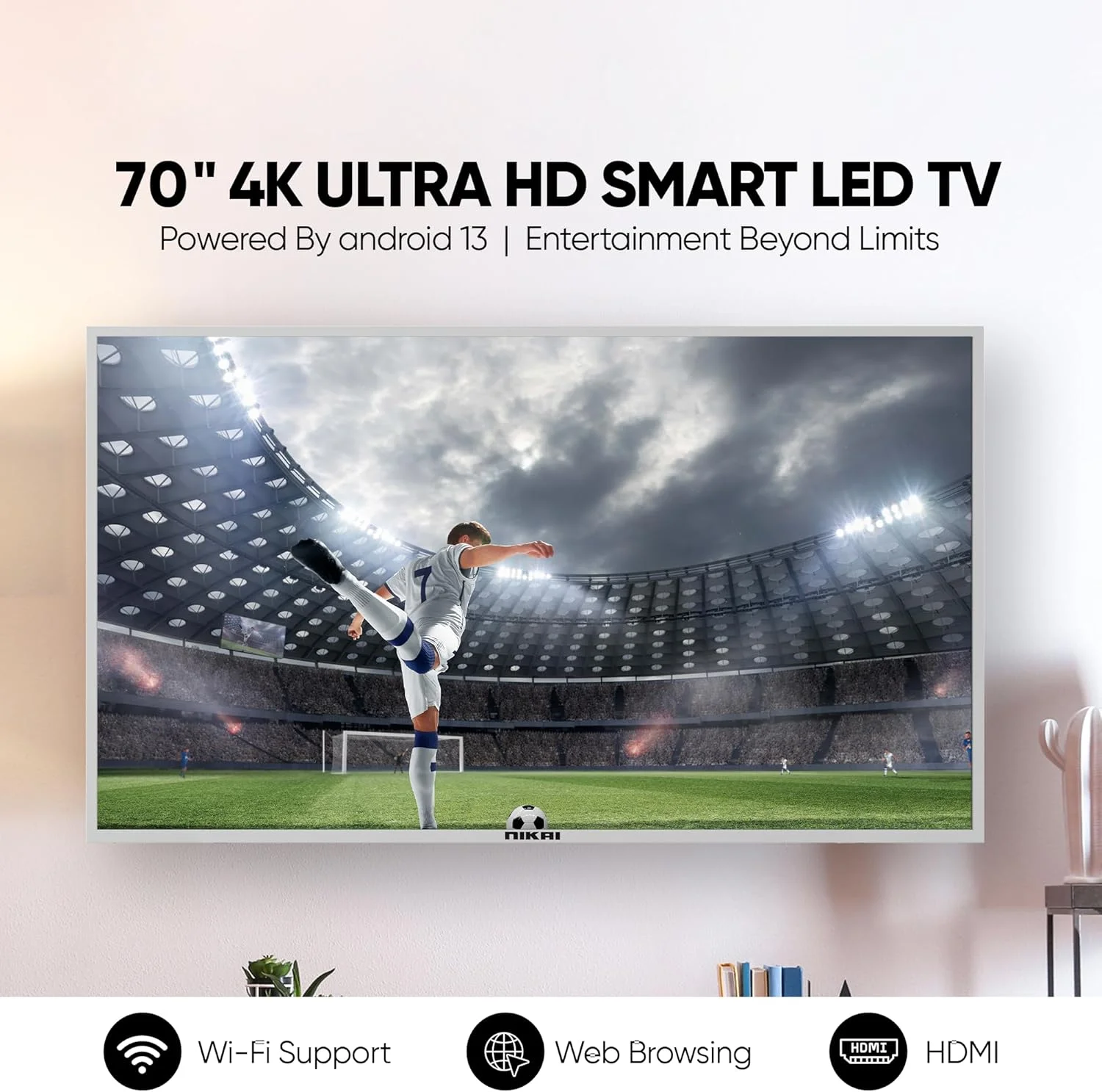 تلویزیون هوشمند فوق باریک 70 اینچ نیکای با کیفیت 4K UHD، اندروید 13، دارای وای فای داخلی و برنامه های هوشمند - یوتیوب و شاهد، پردازنده چهارهسته ای قدرتمند A55 - UHD70SLEDT