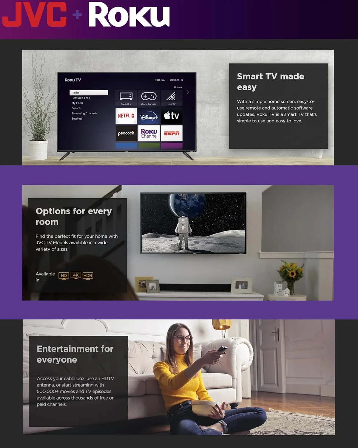 تلویزیون هوشمند ال ای دی 32 اینچی HD 720p جی وی سی Roku با اپلیکیشن کنترل صوتی، Airplay، Screen Casting و بیش از 300 کانال پخش رایگان (LT32MAW2)