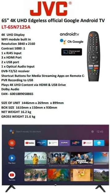 تلویزیون هوشمند 65 اینچ 4K جی وی سی اندروید 11 با دستیار گوگل، گوگل پلی و کروم کست داخلی - LT65N7125A