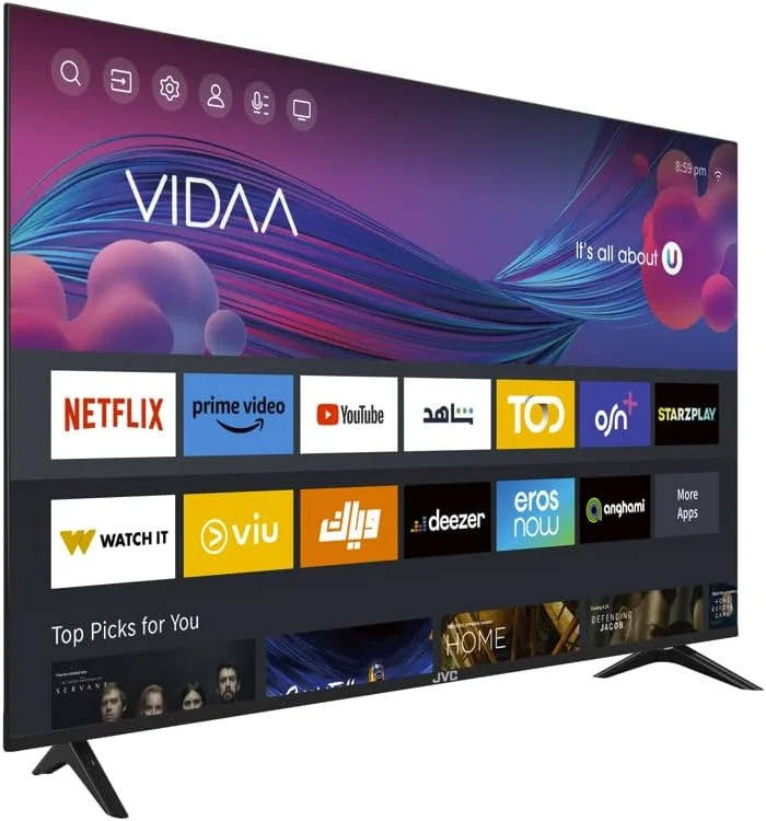 تلویزیون هوشمند 58 اینچ 4K UHD بدون حاشیه JVC با سیستم عامل VIDAA، صدای دالبی، ریموت کنترل صوتی VIDAA، بلوتوث، DVBT2/S2، مدل LT-58N786VV - مشکی