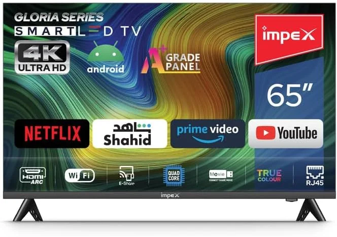تلویزیون هوشمند ال ای دی 65 اینچی ایمپکس گلوریا با کیفیت تصویر UHD، سیستم عامل اندروید 9.0، پردازنده چهار هسته ای 8 گیگابایتی، نسبت تصویر 16:9، قابلیت E-Share Mirror Cast، ورودی آنتن، VGA، USB، HDMI و وای فای
