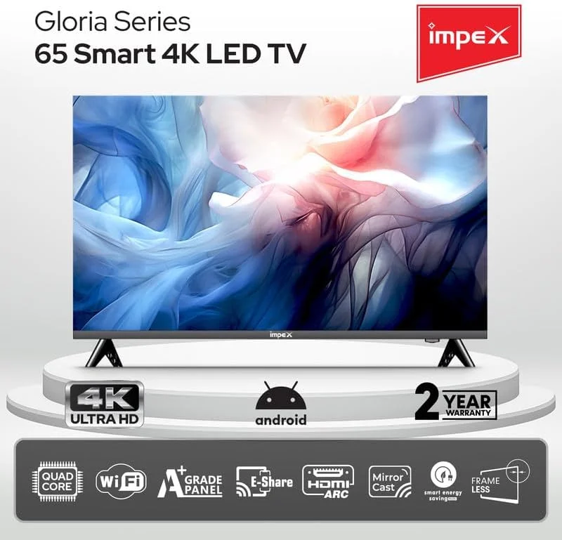 تلویزیون هوشمند ال ای دی 65 اینچی ایمپکس گلوریا با کیفیت تصویر UHD، سیستم عامل اندروید 9.0، پردازنده چهار هسته ای 8 گیگابایتی، نسبت تصویر 16:9، قابلیت E-Share Mirror Cast، ورودی آنتن، VGA، USB، HDMI و وای فای
