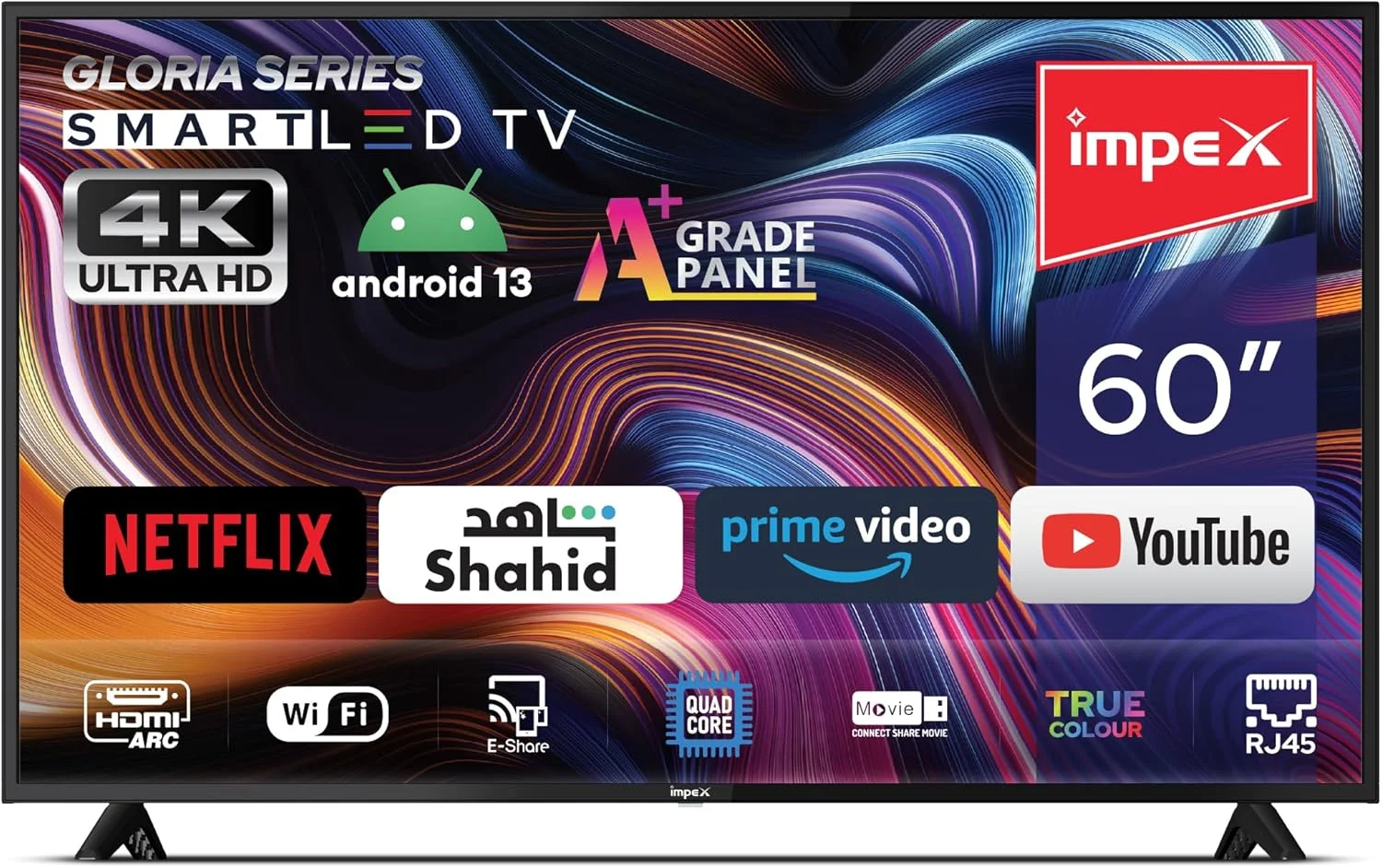 تلویزیون هوشمند ال ای دی 60 اینچ ایمپکس 4K (Gloria 60 UHD Smart) - اندروید، پنل درجه A+، چهار هسته ای، 4K Ultra HD، E-Share، فوق العاده باریک - WiFi، Mirror Cast، 3 HDMI، 2 USB
