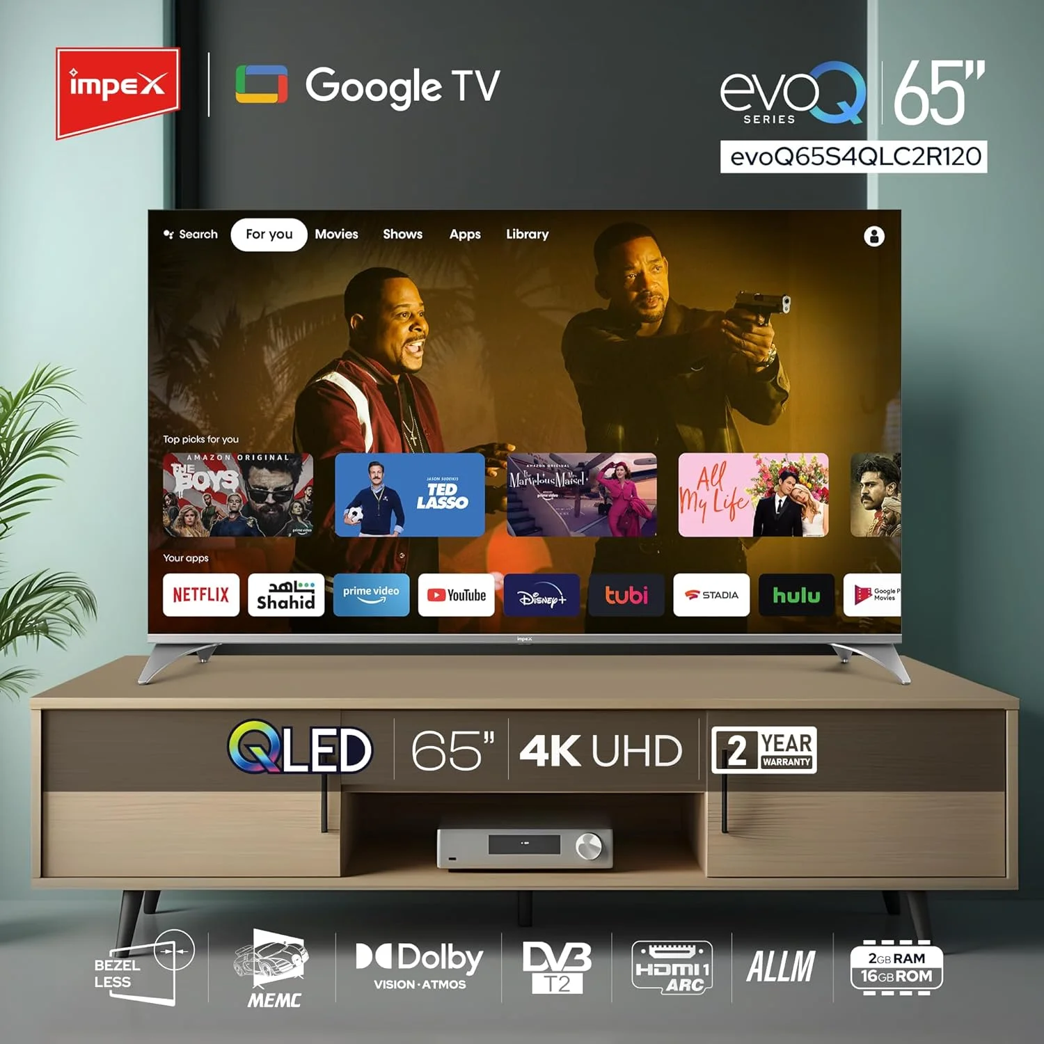 تلویزیون هوشمند 65 اینچ QLED گوگل ایمپکس (evoQ 65S4QLC2R120) | تلویزیون 4K UHD، 120 هرتز DLG، Dolby Vision & Atmos | 2 گیگابایت رم + 16 گیگابایت رام | HDMI ARC/eARC | WiFi، BT، ریموت صوتی | ALLM | گیمینگ