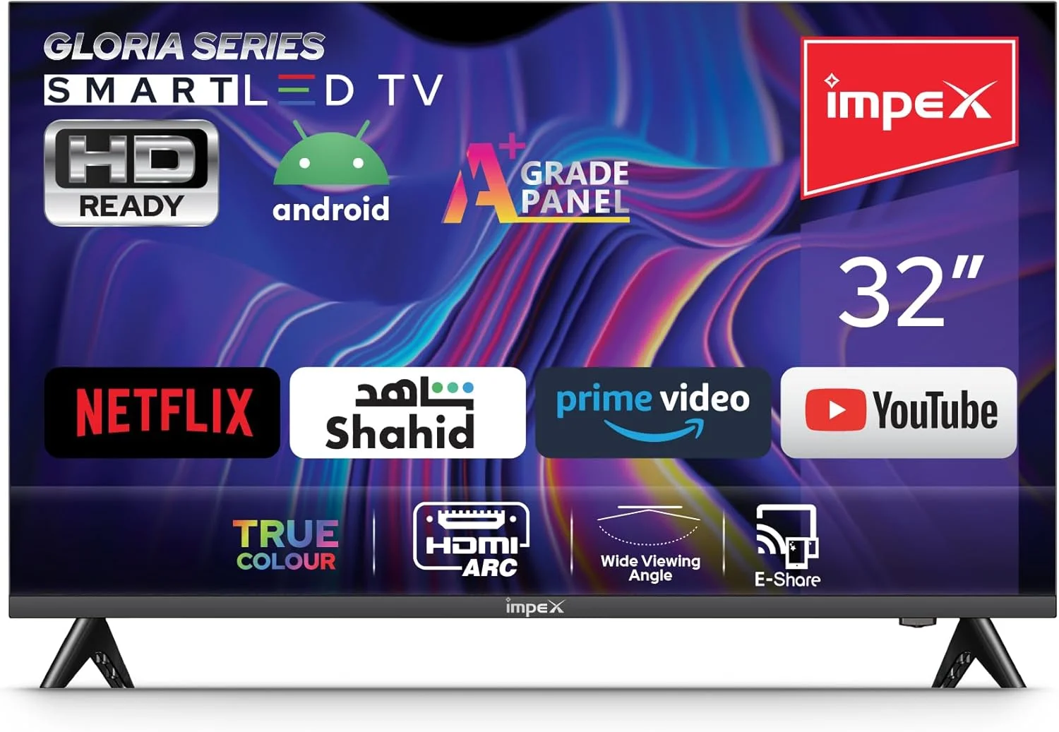 تلویزیون هوشمند اندروید LED ایمپکس - طراحی بدون قاب، قابلیت Mirror Cast و E-Share، ورودی HDMI/USB Wi-Fi، نتفلیکس، یوتیوب، دیزنی پلاس، اپل تی وی پلاس، استارز پلی عربیا (GLORIA 32 SMART)