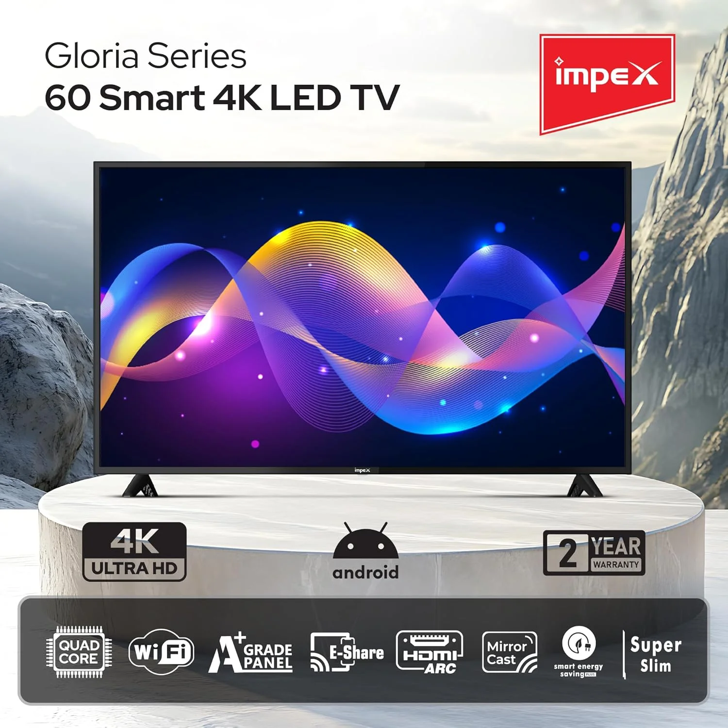 تلویزیون هوشمند ال ای دی 60 اینچ ایمپکس 4K (Gloria 60 UHD Smart) - اندروید، پنل درجه A+، چهار هسته ای، 4K Ultra HD، E-Share، فوق العاده باریک - WiFi، Mirror Cast، 3 HDMI، 2 USB تلویزیون هوشمند ال ای دی 60 اینچ ایمپکس 4K (Gloria 60 UHD Smart) - اندروید، پنل درجه A+، چهار هسته ای، 4K Ultra HD، E-Share، فوق العاده باریک - WiFi، Mirror Cast، 3 HDMI، 2 USB