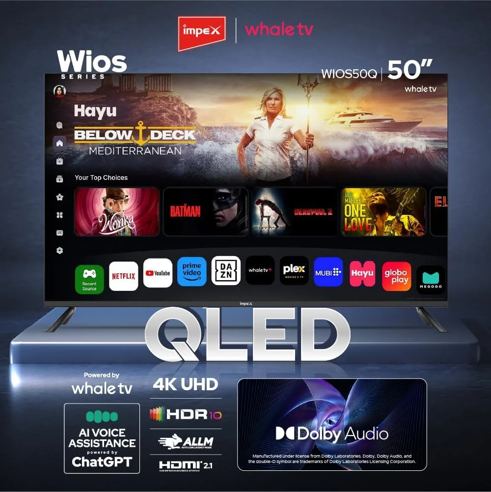 تلویزیون هوشمند 50 اینچی QLED ایمپکس (Wios50Q) Whale OS، کیفیت 4K UHD، هوش مصنوعی صوتی با ChatGPT، حافظه ROM 8 گیگابایتی، رم 1.5 گیگابایتی، 2x HDMI، 2x USB، نتفلیکس/پرایم/یوتیوب، پنل A+، 100 وات، RJ45، Dolby Audio