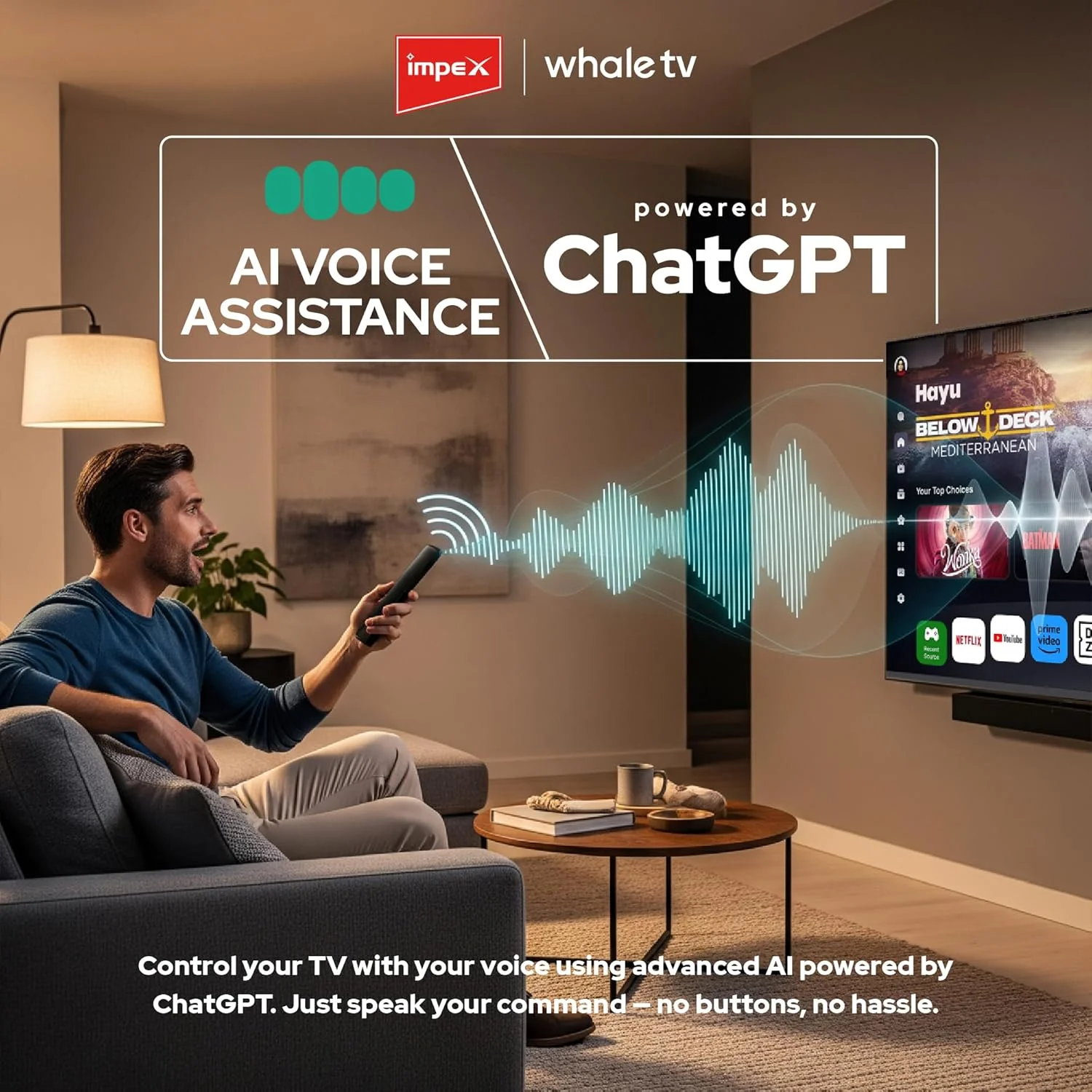 تلویزیون هوشمند 50 اینچی QLED ایمپکس (Wios50Q) Whale OS، کیفیت 4K UHD، هوش مصنوعی صوتی با ChatGPT، حافظه ROM 8 گیگابایتی، رم 1.5 گیگابایتی، 2x HDMI، 2x USB، نتفلیکس/پرایم/یوتیوب، پنل A+، 100 وات، RJ45، Dolby Audio