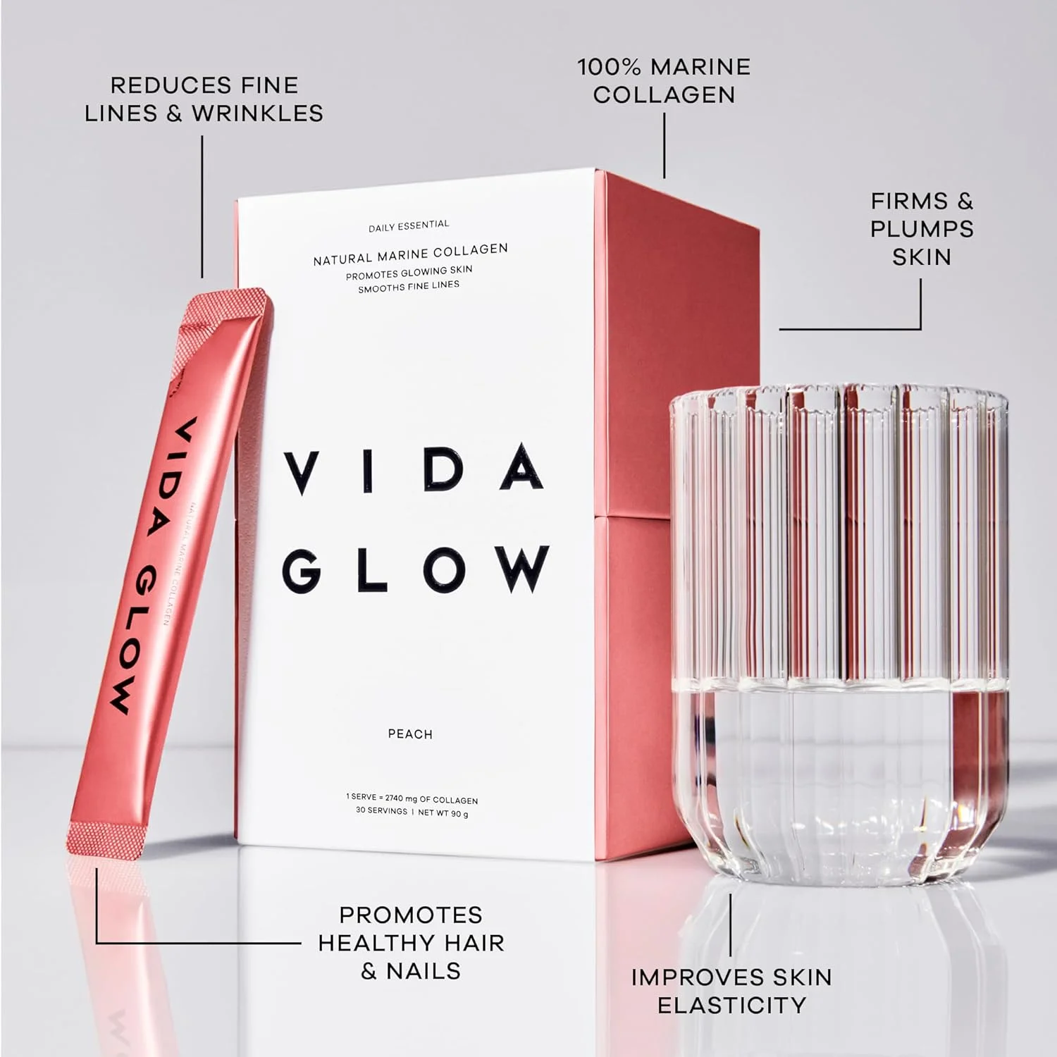 ویدا گلو - ساشه های کلاژن دریایی هیدرولیز شده طبیعی | افزایش درخشندگی پوست + صاف کننده خطوط ریز (هلو، 30 ساشه)