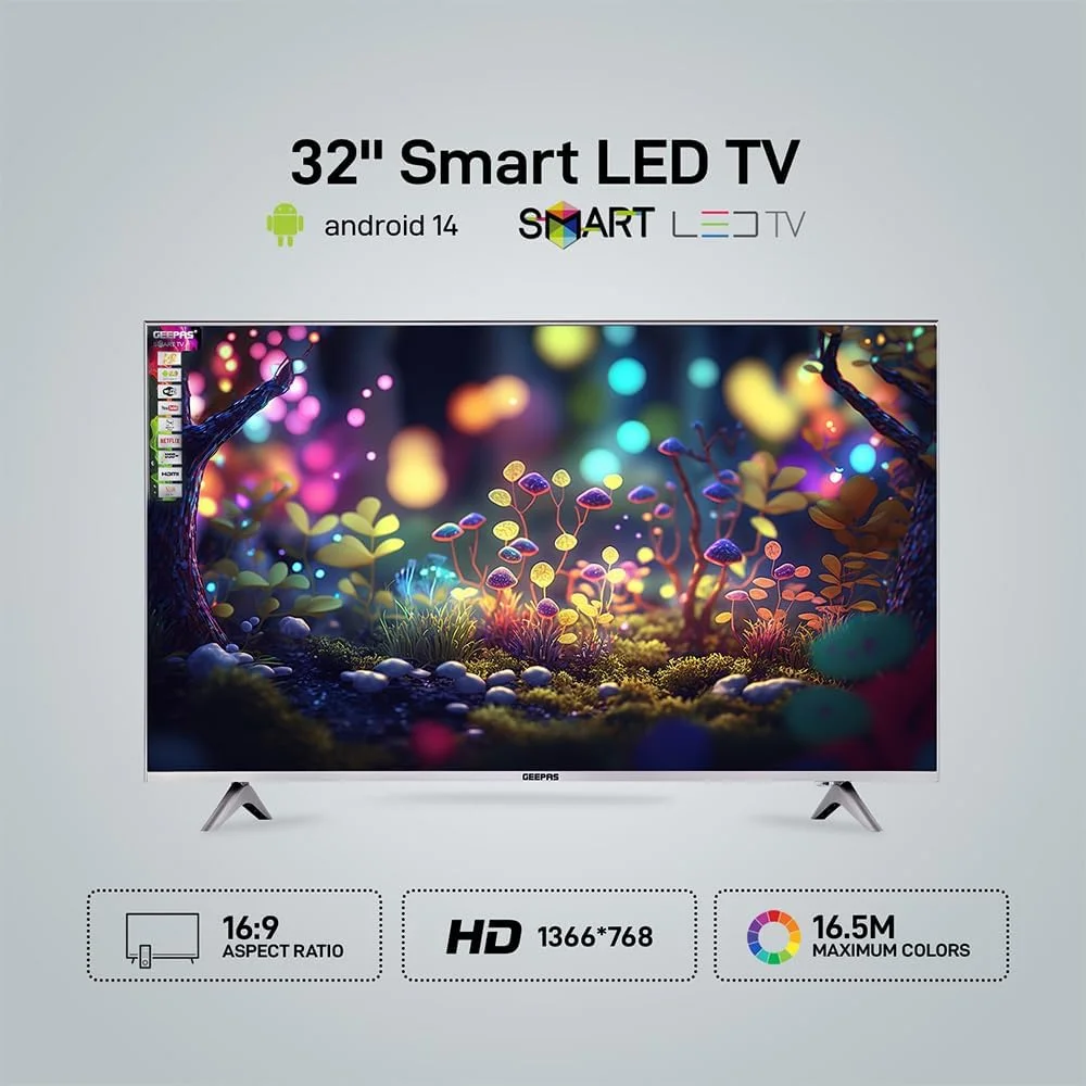 تلویزیون ال ای دی هوشمند 32 اینچ جیپاس، اندروید 14.0، وای فای، HDMI، USB، جک هدفون، کنترل از راه دور، GLED3202SCHD، مشکی