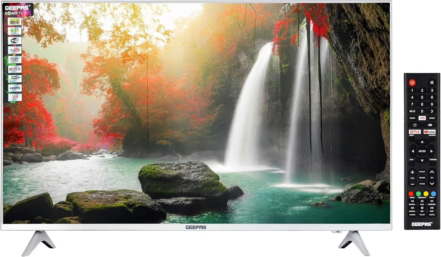 تلویزیون هوشمند ال ای دی 43 اینچ Geepas مدل GLED4328SXHD به همراه کنترل از راه دور | دارای پورت های HDMI و USB، خروجی هدفون، ورودی صدای PC | یوتیوب، نتفلیکس