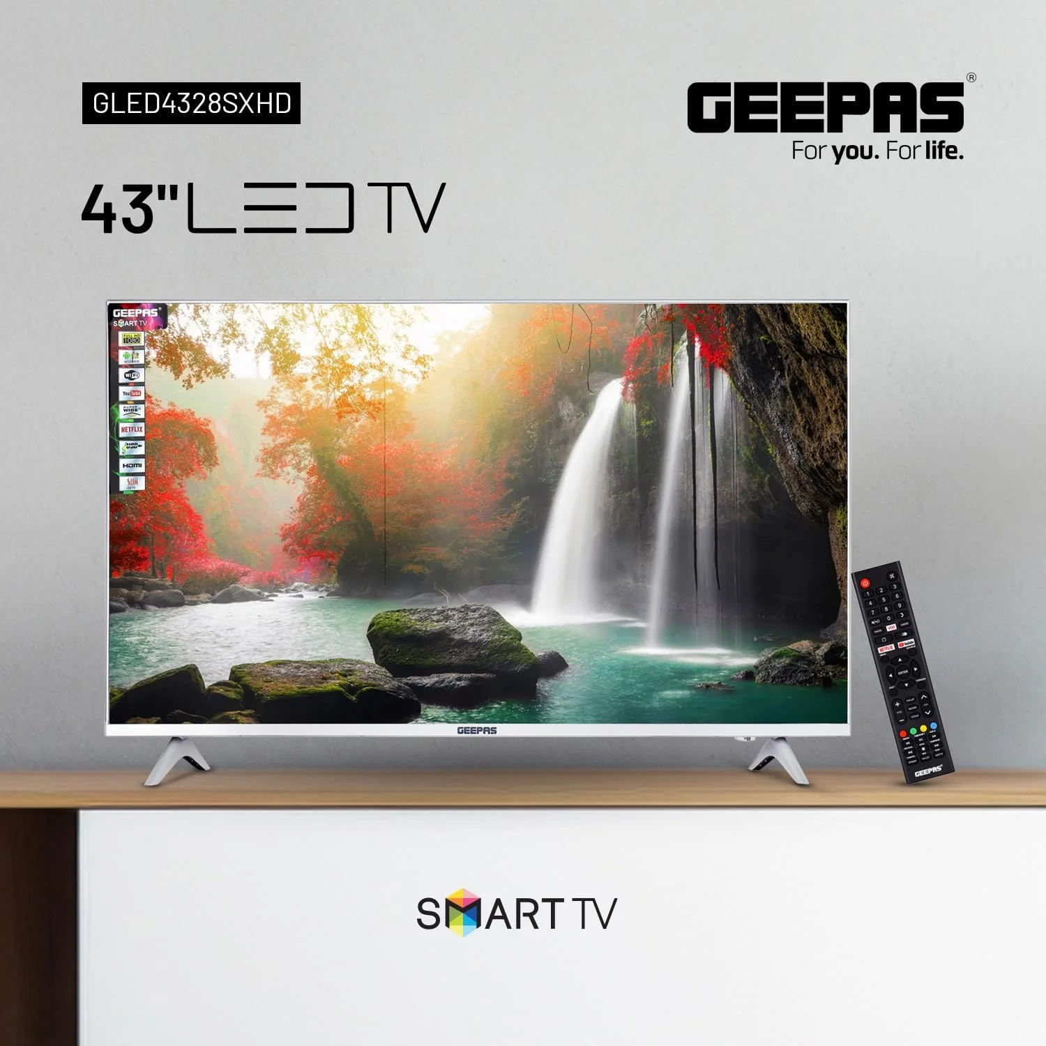 تلویزیون هوشمند ال ای دی 43 اینچ Geepas مدل GLED4328SXHD به همراه کنترل از راه دور | دارای پورت های HDMI و USB، خروجی هدفون، ورودی صدای PC | یوتیوب، نتفلیکس