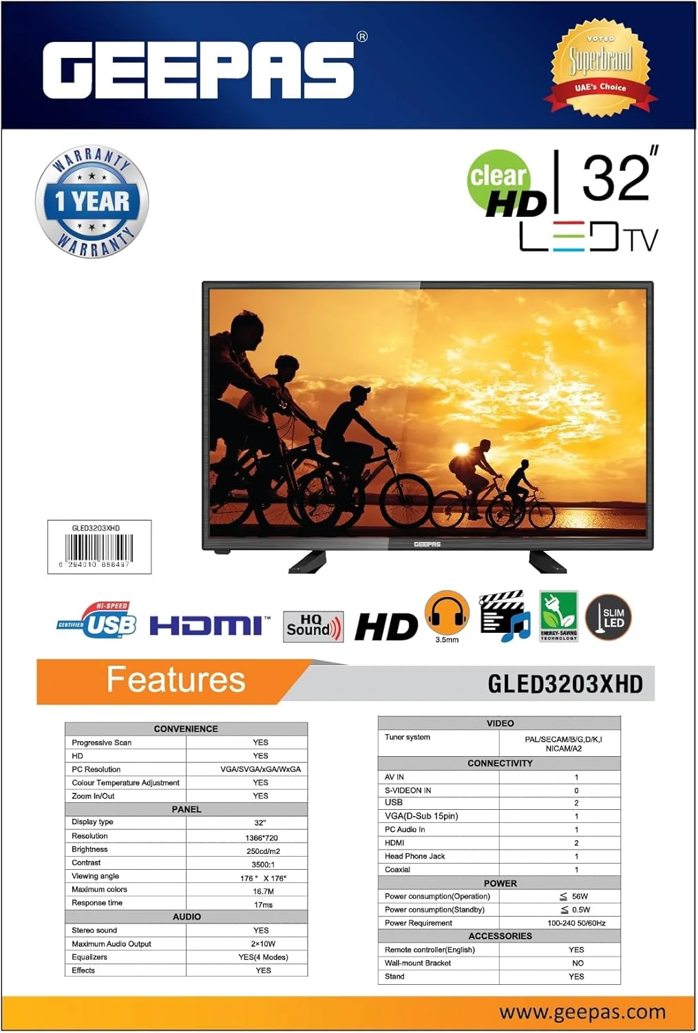 تلویزیون ال ای دی 32 اینچ جیپاس مدل GLED3203XHD، تلویزیون ال ای دی باریک با کنترل از راه دور | دارای پورت های HDMI و USB، حالت AV، جک هدفون، ورودی صدای PC | فناوری صرفه جویی در انرژی، صدای پویا