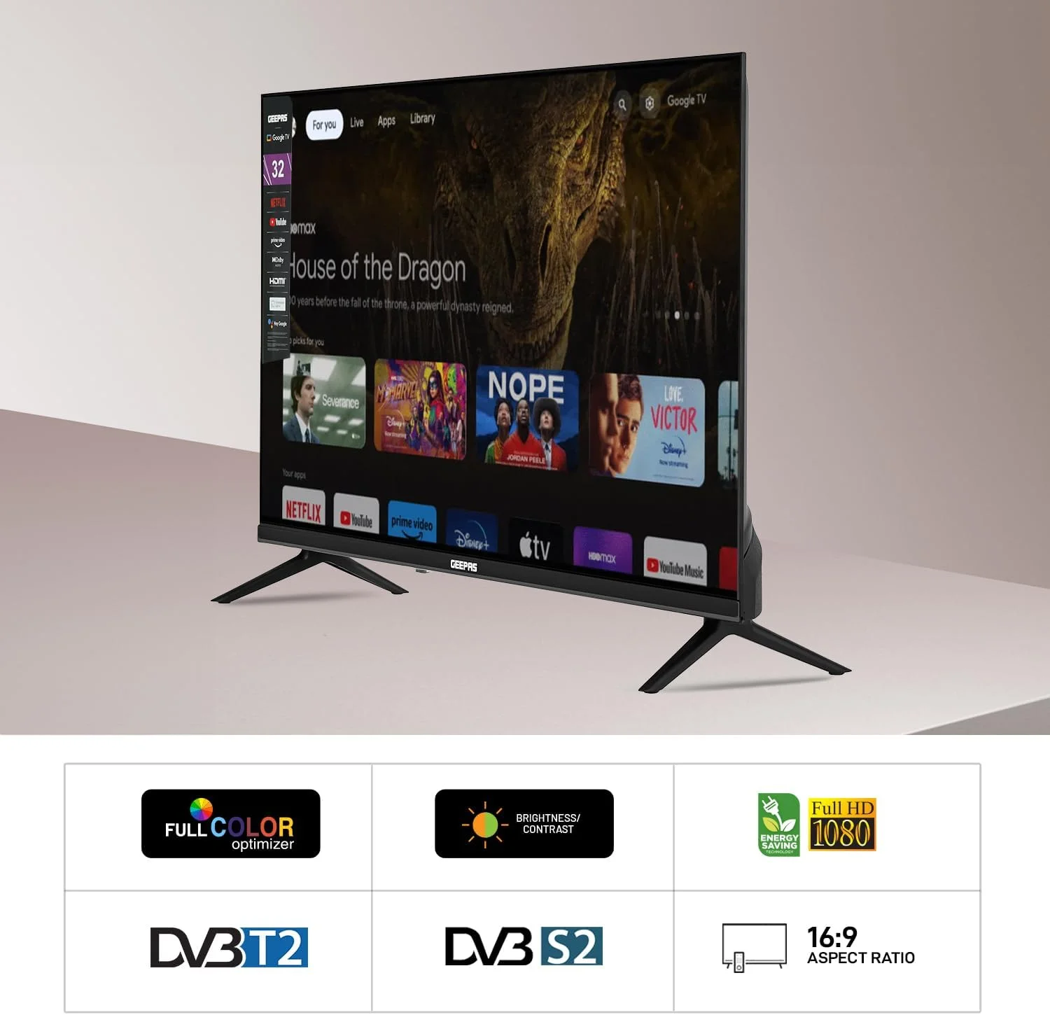 تلویزیون ۳۲ اینچ هوشمند Geepas مدل GLED3214SGXHD با سیستم عامل Google TV، صدای دالبی، کیفیت Ultra HD LED، دارای Chromecast داخلی، همراه با ریموت کنترل، پورت های HDMI و USB، دارای محتوای دارای مجوز و برنامه های از پیش نصب شده، اتصال Wi-Fi