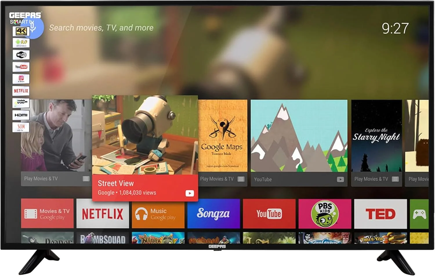 تلویزیون هوشمند ال ای دی 58 اینچ جیپاس مدل GLED5808SUHD 4K ULTRA HD - دارای قابلیت Mirror Cast، پورت 3.5 میلی متری، 3 پورت HDMI و 2 پورت USB | وای فای، اندروید 9.0 با E-Share | رم 2 گیگابایتی