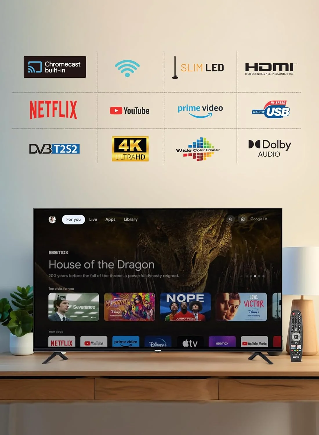 تلویزیون هوشمند 75 اینچ جیپاس با سیستم عامل گوگل - GLED7524SGXHD/ صدای دالبی، LED فوق العاده با کیفیت، دارای کروم کست داخلی/ همراه با کنترل از راه دور، پورت های HDMI و USB/ دارای محتوای دارای مجوز و برنامه های از پیش نصب شده، Wi-Fi