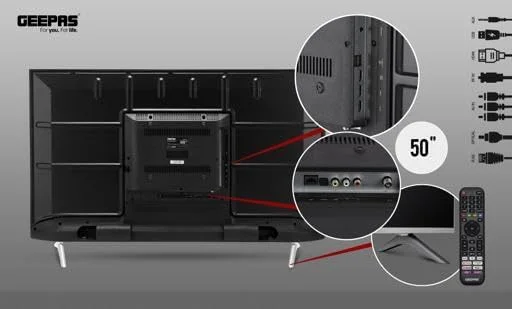 تلویزیون حرفه ای 50 اینچ Geepas VIDAA مدل GLED5009SVUHD | 4K Ultra HD، تلویزیون هوشمند با طراحی بدون قاب و روکش نقره ای مات | محتوای دارای مجوز و برنامه های از پیش نصب شده، اتصال بلوتوث