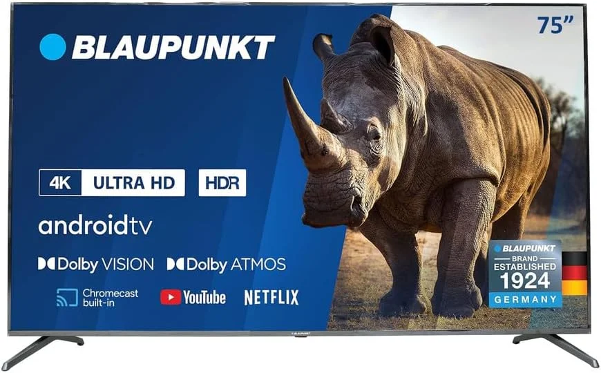 تلویزیون هوشمند 75 اینچی Blaupunkt 4K-UHD اندروید با Dolby Vision Dolby Atmos بلوتوث مدل 75UB6210D ابعاد 167.29x35.51x102.81 سانتی متر - مشکی