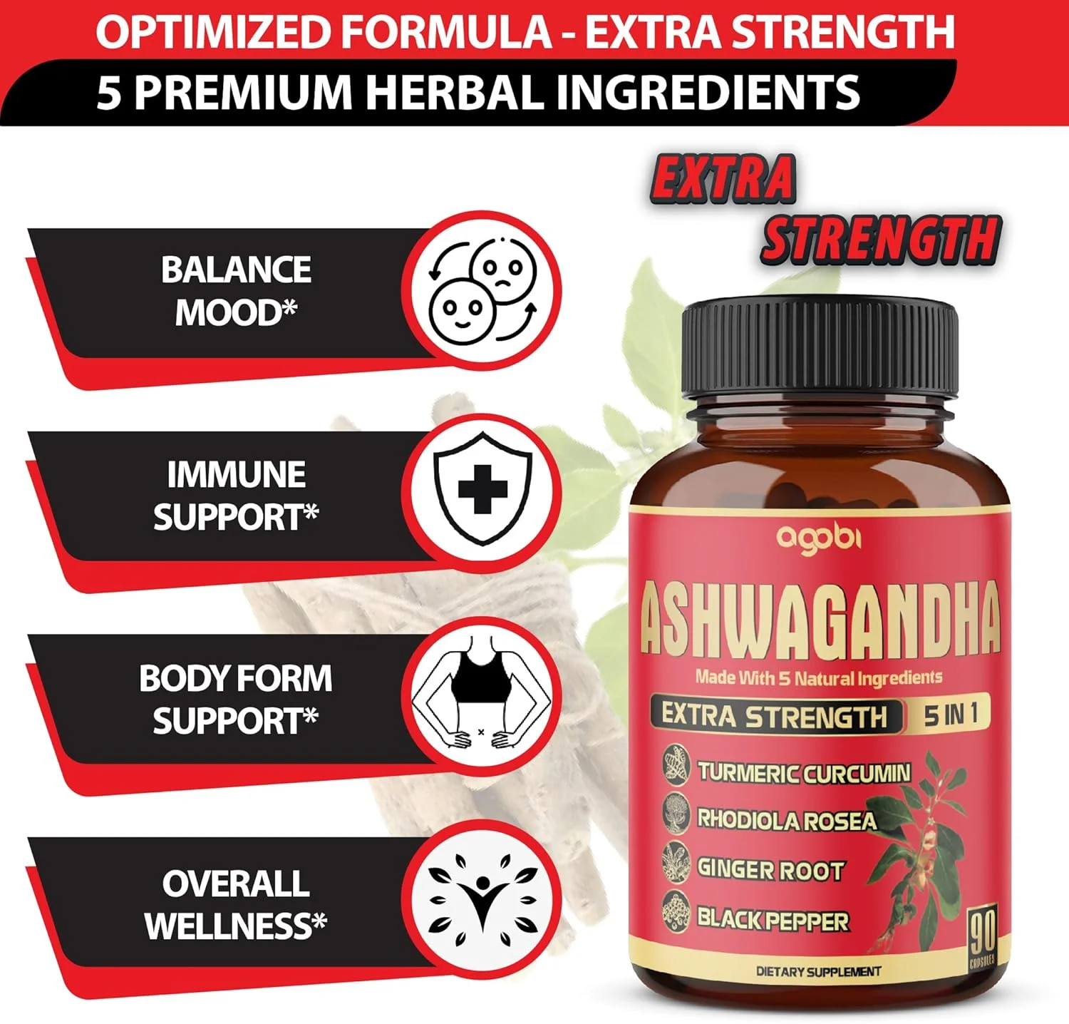 کپسول های آشواگاندا آگوبی، 5 در 1 معادل 5200 میلی گرم پودر. ترکیب شده با زردچوبه، زنجبیل، فلفل سیاه و رودیولا. مکمل پشتیبانی از خلق و خو و قدرت - 90 کپسول برای 3 ماه