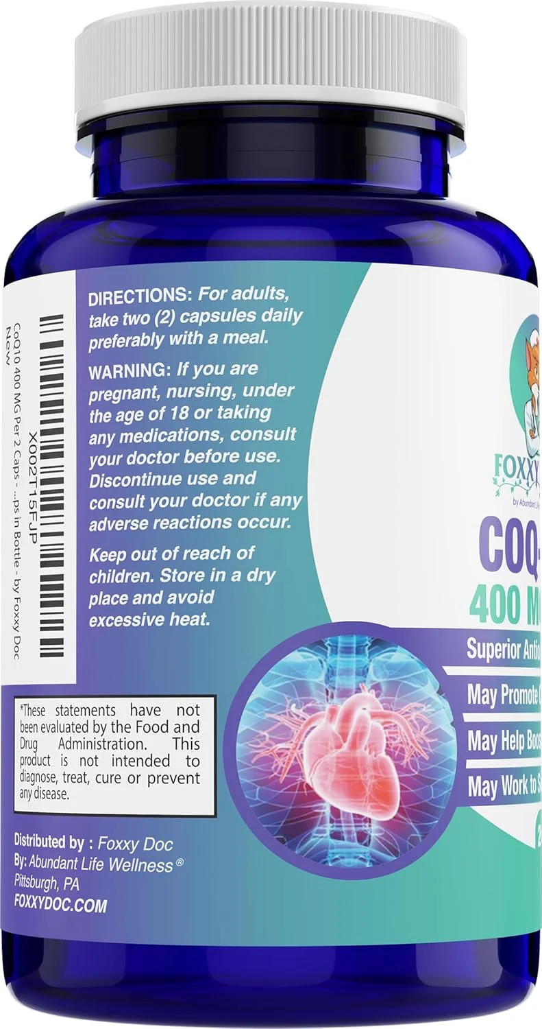 کوآنزیم کیو 10 با دوز 400 میلی گرم در هر 2 کپسول - یوبیکینون - ارزش عالی - مکمل قلب، مغز و سلولی - پشتیبانی از انرژی - 200 کپسول گیاهی در بطری - توسط Foxxy Doc
