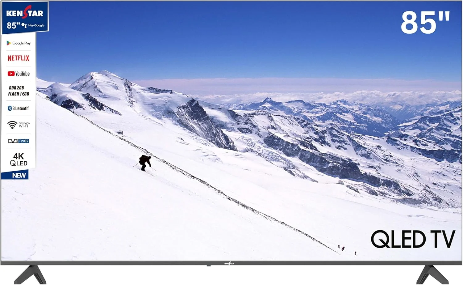 تلویزیون هوشمند 85 اینچی 4K QLED کن استار مدل KLED85GQDAC، طراحی باریک و بدون قاب با گیرنده داخلی DVB T2/S2، رزولوشن تصویر 3840 * 2160. تصویر روشن، رنگارنگ و با پیکسل های غنی. صرفه جویی در انرژی.