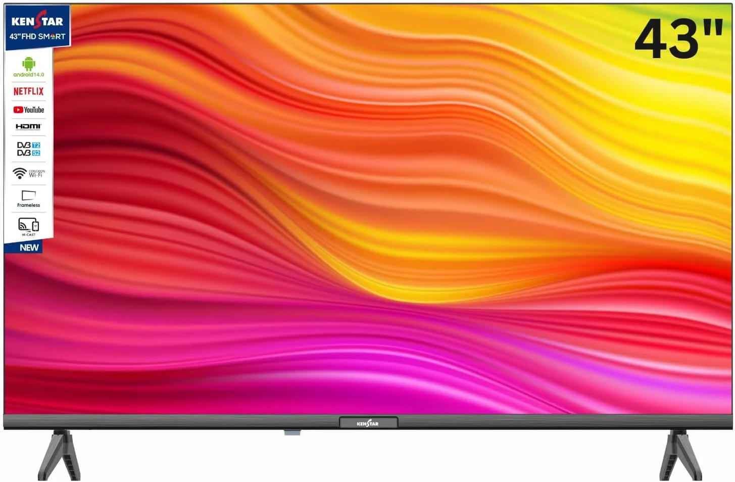 تلویزیون هوشمند 43 اینچ کن استار فول اچ دی با گیرنده DVB-T2/S2، طراحی باریک بدون قاب، اندروید نسخه 14، با برنامه های نتفلیکس، یوتیوب، پرایم ویدیو، شاهد. پشتیبانی از HDMI، USB، WiFi، Hi-Cast. DR 1920 * 1080p