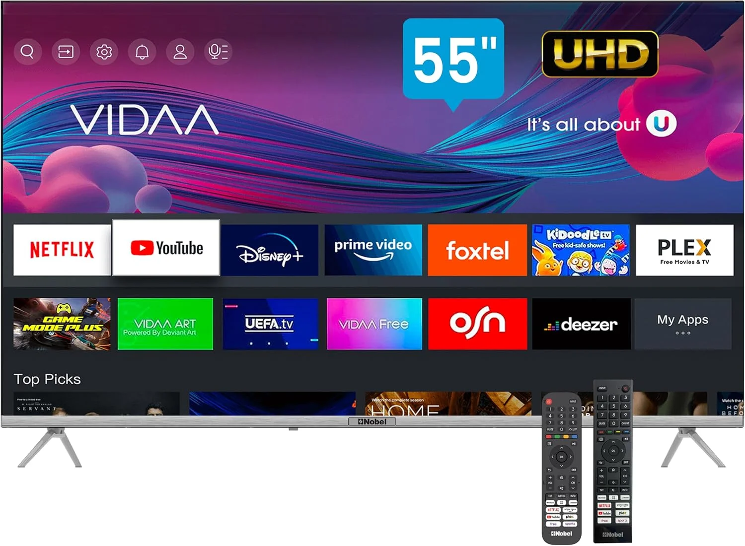 تلویزیون هوشمند 55 اینچی نوبل 4K UHD – تشخیص صدا، سیستم عامل VIDAA، دارای تاییدیه نتفلیکس، یوتیوب و پرایم ویدیو، دارای دو ریموت کنترل - سری Diamond مدل UHD55VIDS