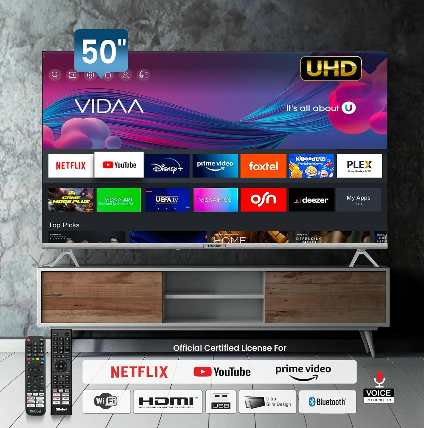 تلویزیون هوشمند 50 اینچ نوبل 4K UHD – تشخیص صدا، سیستم عامل VIDAA، دارای تاییدیه Netflix، YouTube، Prime Video، دارای دو ریموت کنترل - سری Diamond مدل UHD50VIDS تلویزیون هوشمند 50 اینچ نوبل 4K UHD – تشخیص صدا، سیستم عامل VIDAA، دارای تاییدیه Netflix، YouTube، Prime Video، دارای دو ریموت کنترل - سری Diamond مدل UHD50VIDS
