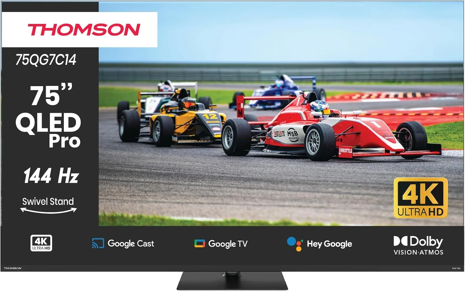 تلویزیون 75 اینچ QLED Pro Thomson با طراحی پایه مرکزی – نرخ تازه‌سازی 144 هرتز، 4K UHD، Dolby Vision & Atmos، کنترل صوتی هوشمند، دستیار صوتی گوگل، نمایشگر بدون حاشیه، تلویزیون ممتاز