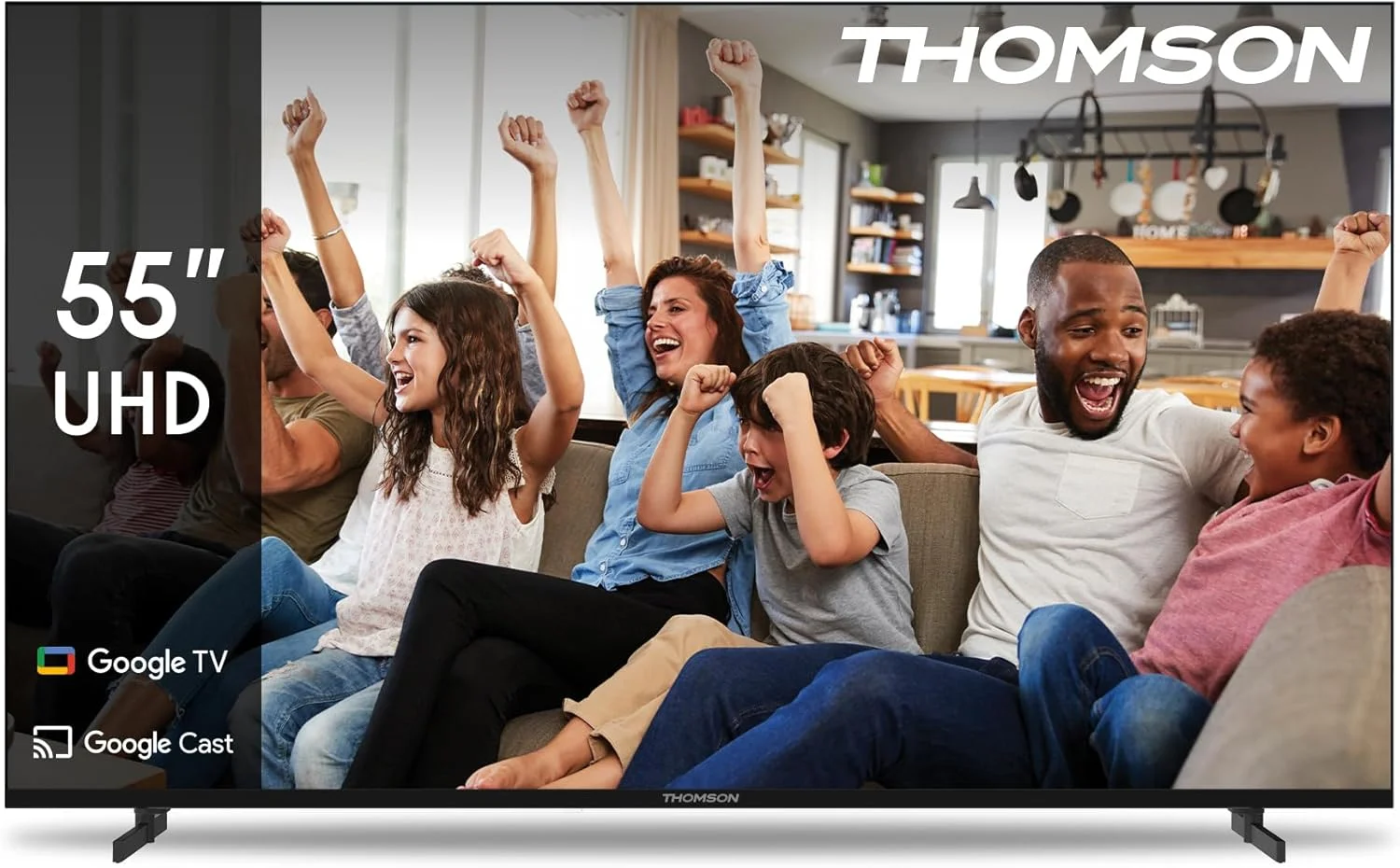 تلویزیون هوشمند 55 اینچ 4K UHD Thomson با Google TV – مدل 2024، دستیار صوتی گوگل، کنترل صوتی هوشمند، YouTube و Netflix داخلی، نمایشگر 3840x2160 پیکسل، طراحی پایه کناری – تلویزیون LED بدون قاب