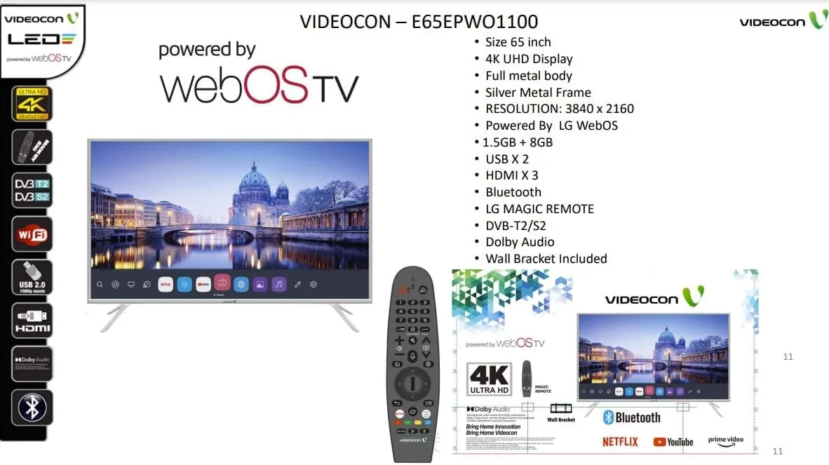 تلویزیون 65 اینچ ویدئوکون 4K UHD هوشمند اندروید 11 با Google Play، Netflix، YouTube، Shahid، بلوتوث و WiFi داخلی - مدل AAEE65EPWO1100D1 تلویزیون 65 اینچ ویدئوکون 4K UHD هوشمند اندروید 11 با Google Play، Netflix، YouTube، Shahid، بلوتوث و WiFi داخلی - مدل AAEE65EPWO1100D1