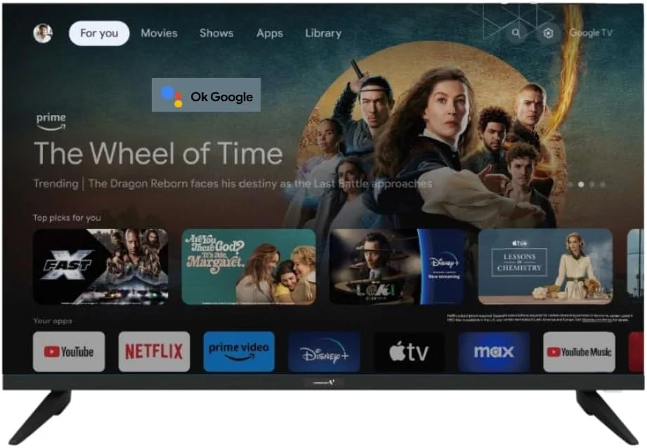 تلویزیون هوشمند 75 اینچ بدون حاشیه 4K UHD Videocon با Google TV رسمی، ریموت صوتی "Hey Google"، بلوتوث، Dolby Audio و پایه دیواری رایگان - مدل جدید 2024 E75ELGT1100