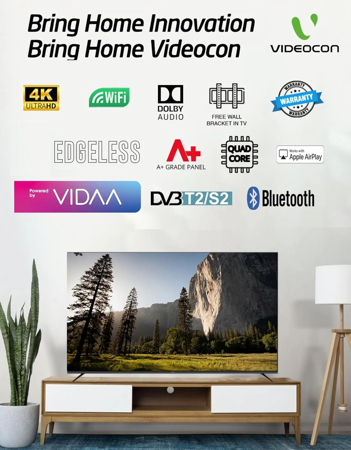 تلویزیون هوشمند 55 اینچ بدون حاشیه 4K UHD ویدئوکون با بلوتوث، ماوس صوتی، Dolby Audio و پایه دیواری رایگان - مدل 2024 E55ELVD1100 تلویزیون هوشمند 55 اینچ بدون حاشیه 4K UHD ویدئوکون با بلوتوث، ماوس صوتی، Dolby Audio و پایه دیواری رایگان - مدل 2024 E55ELVD1100