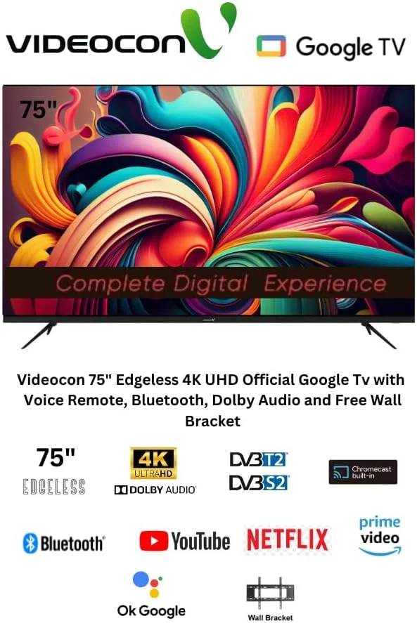 تلویزیون هوشمند 75 اینچ بدون حاشیه 4K UHD Videocon با Google TV رسمی، ریموت صوتی "Hey Google"، بلوتوث، Dolby Audio و پایه دیواری رایگان - مدل جدید 2024 E75ELGT1100