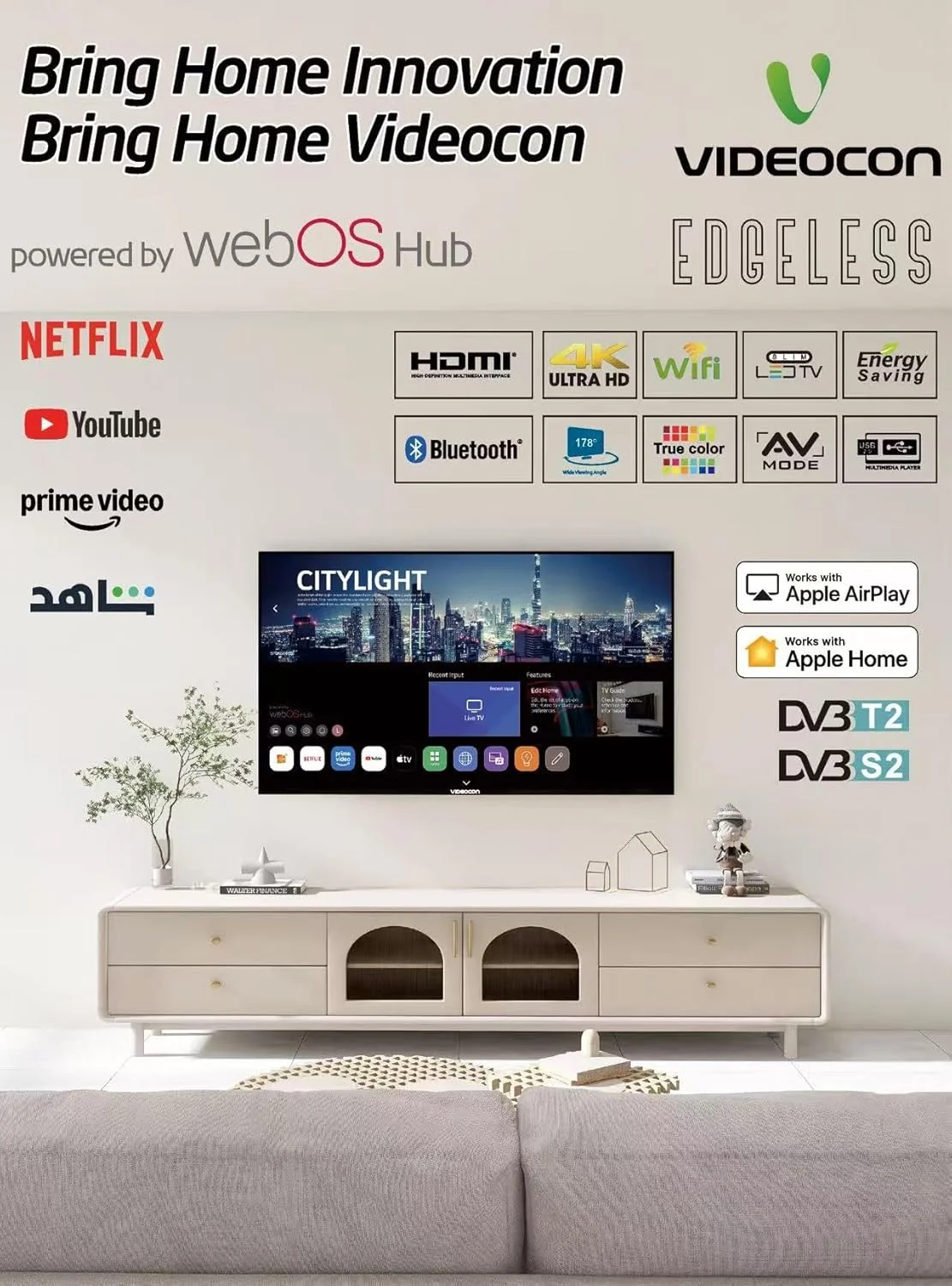 تلویزیون هوشمند 55 اینچی بدون حاشیه 4K UHD WebOS Hub ویدئوکون، ریموت جادویی، بلوتوث، Dolby Audio، Apple AirPlay، DVB T2/S2، به همراه پایه دیواری رایگان – مدل E55ELWO1100 تلویزیون هوشمند 55 اینچی بدون حاشیه 4K UHD WebOS Hub ویدئوکون، ریموت جادویی، بلوتوث، Dolby Audio، Apple AirPlay، DVB T2/S2، به همراه پایه دیواری رایگان – مدل E55ELWO1100