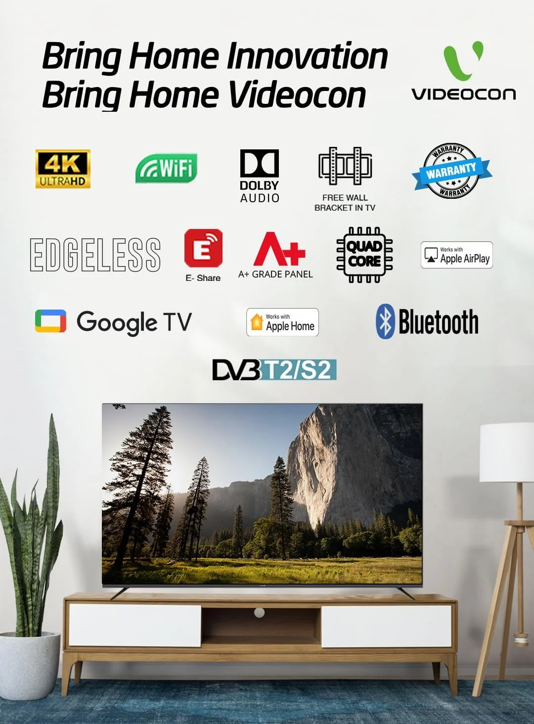 تلویزیون هوشمند 75 اینچ بدون حاشیه 4K UHD Videocon با Google TV رسمی، ریموت صوتی "Hey Google"، بلوتوث، Dolby Audio و پایه دیواری رایگان - مدل جدید 2024 E75ELGT1100