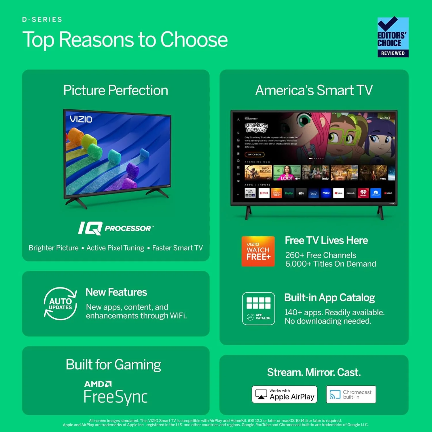 تلویزیون LED هوشمند 24 اینچی سری D ویزیو با Apple AirPlay و Chromecast داخلی برای نمایش صفحه دوم، و بیش از 150 کانال پخش رایگان (D24h-G9)