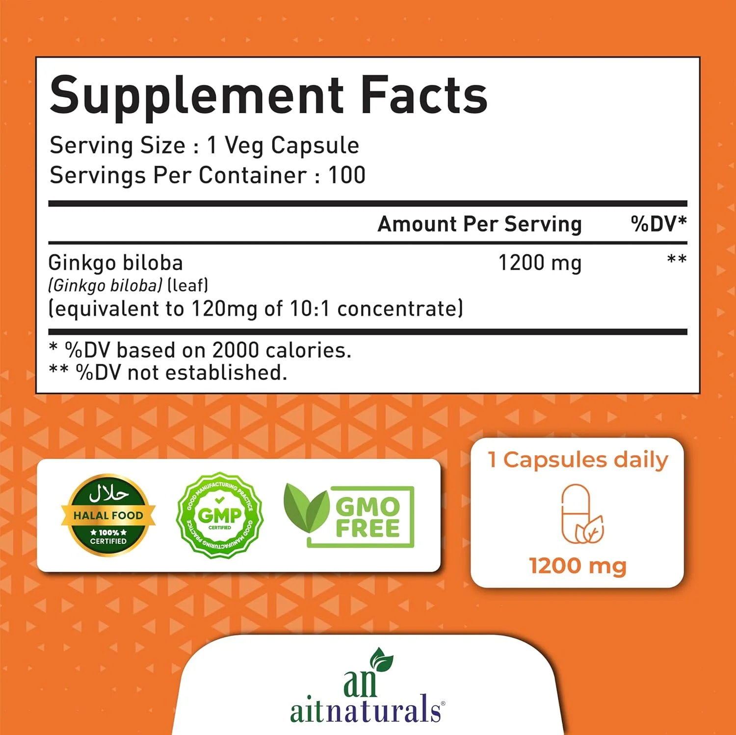 آیت نچرالز جینکوبیلوبا 1200 میلی گرم (100 کپسول) مکمل تقویت کننده شناختی ممتاز، تقویت حافظه، تمرکز، و گردش خون، افزایش سطح انرژی و خلق و خو، غیر GMO