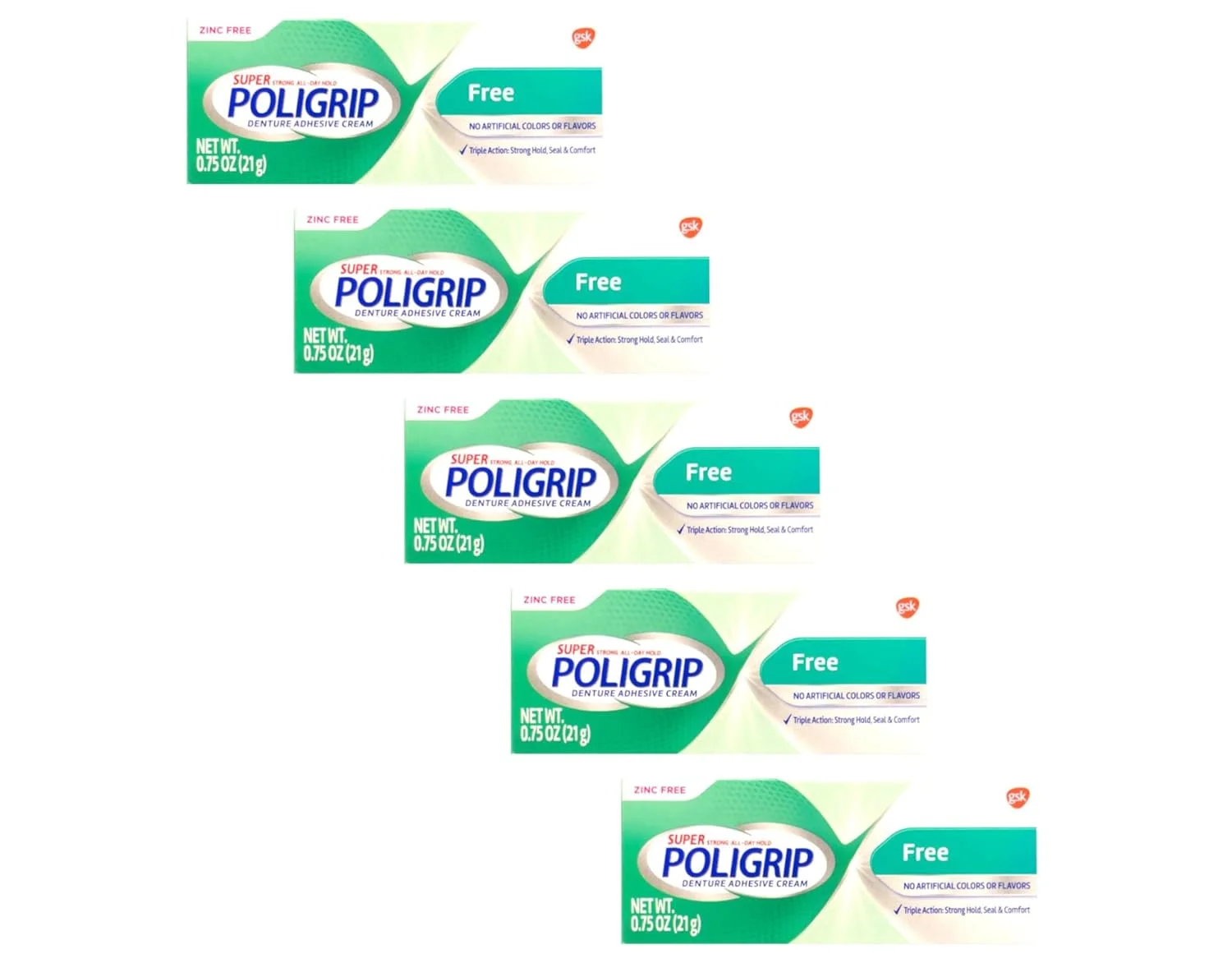 پولی‌گریپ (بسته 5 عددی) چسب دندان مصنوعی سوپر - چسبندگی قوی و ماندگار - بدون زینک - بدون طعم و رنگ مصنوعی - 21 گرم
