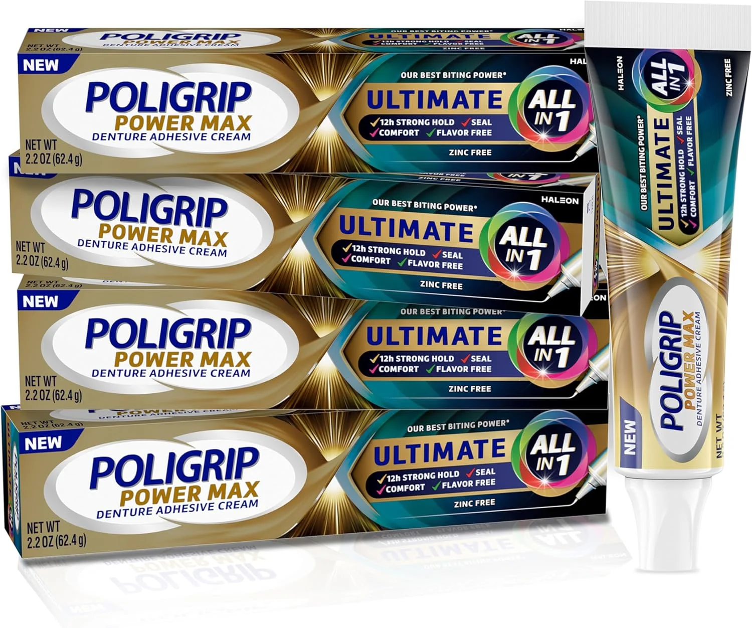 کرم چسب دندان مصنوعی پلی گریپ Power Max Ultimate All-in-1، بدون زینک، 62 گرم (بسته 4 عددی) کرم چسب دندان مصنوعی پلی گریپ Power Max Ultimate All-in-1، بدون زینک، 62 گرم (بسته 4 عددی)