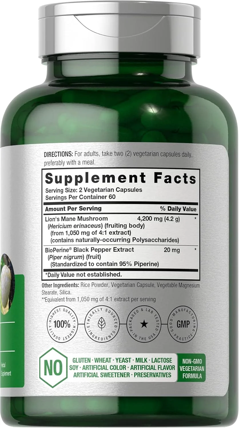 عصاره قارچ یال شیر Horbäach | 4200 میلی گرم | 120 کپسول | مکمل گیاهی، غیر GMO و بدون گلوتن | توسط