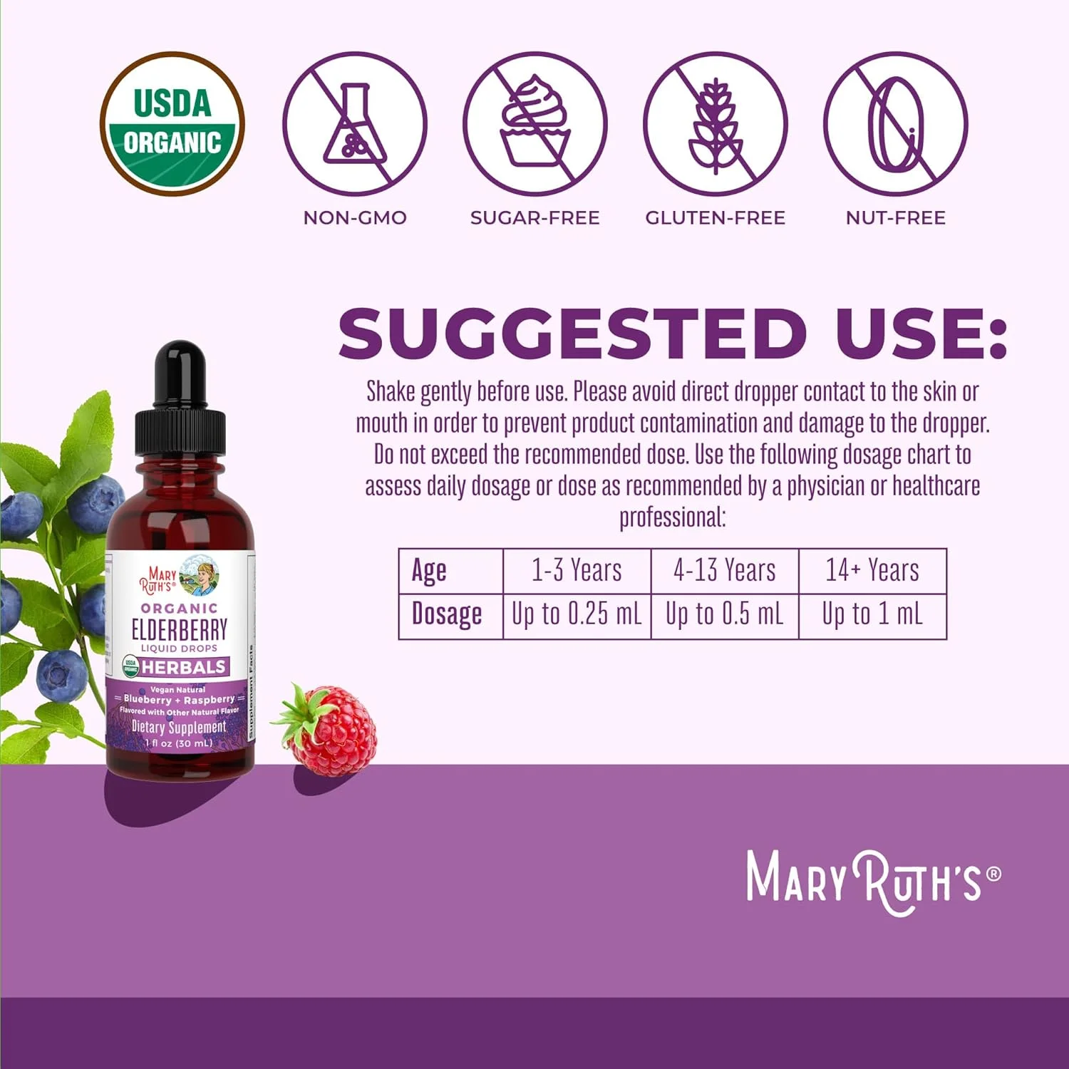 شربت الدرberry ارگانیک MaryRuth قطره های مایع Black Sambucus برای حمایت از سیستم ایمنی | طعم دار شده با تمشک و بلوبری برای سلامتی و تندرستی | وگان، غیر GMO و بدون گلوتن | 30 سروینگ