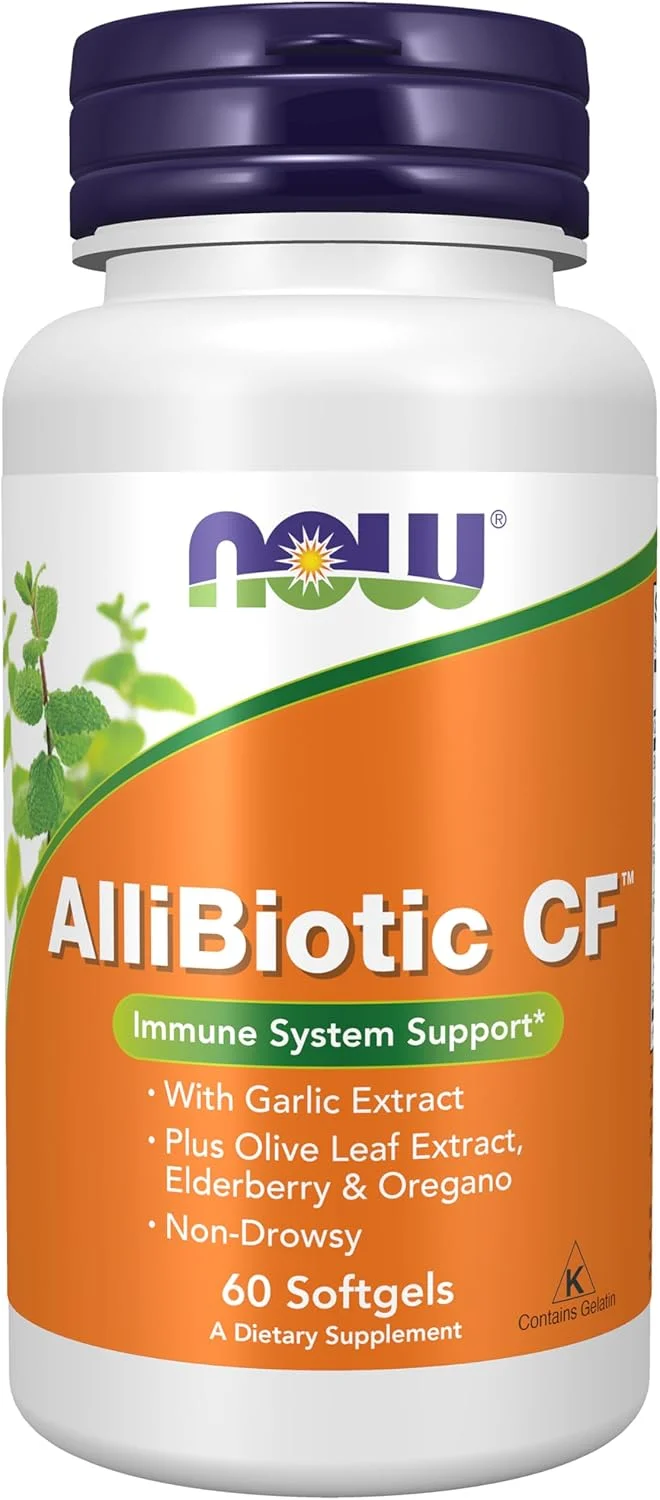 مکمل های NOW، AlliBiotic CF™، با عصاره سیر، عصاره برگ زیتون، الدربری و اورگانو، فرمول غیر خواب آور، 60 سافت ژل