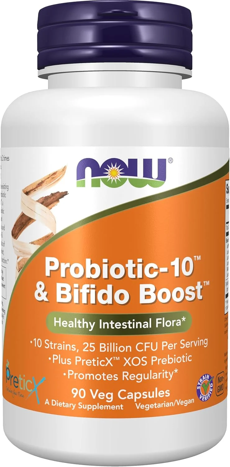 مکمل های غذایی NOW Foods، Probiotic-10™ & Bifido Boost™ با 10 سویه، 25 میلیارد CFU در هر وعده، به همراه پری بیوتیک PreticX™ XOS، 90 کپسول گیاهی