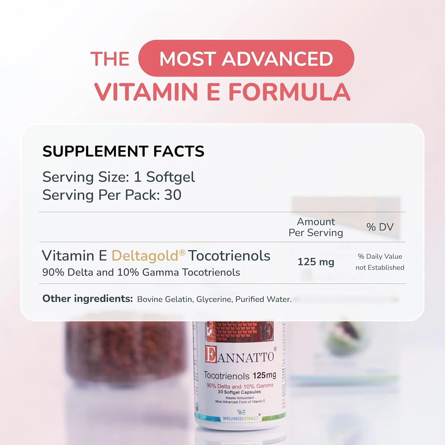 کپسول‌های نرم مکمل ویتامین ای Eannatto Tocotrienols Deltagold، فاقد توکوفرول، پشتیبانی از سلامت سیستم ایمنی، غیر تراریخته، فاقد گلوتن و آنتی اکسیدان (125 میلی گرم 30 کپسول نرم).