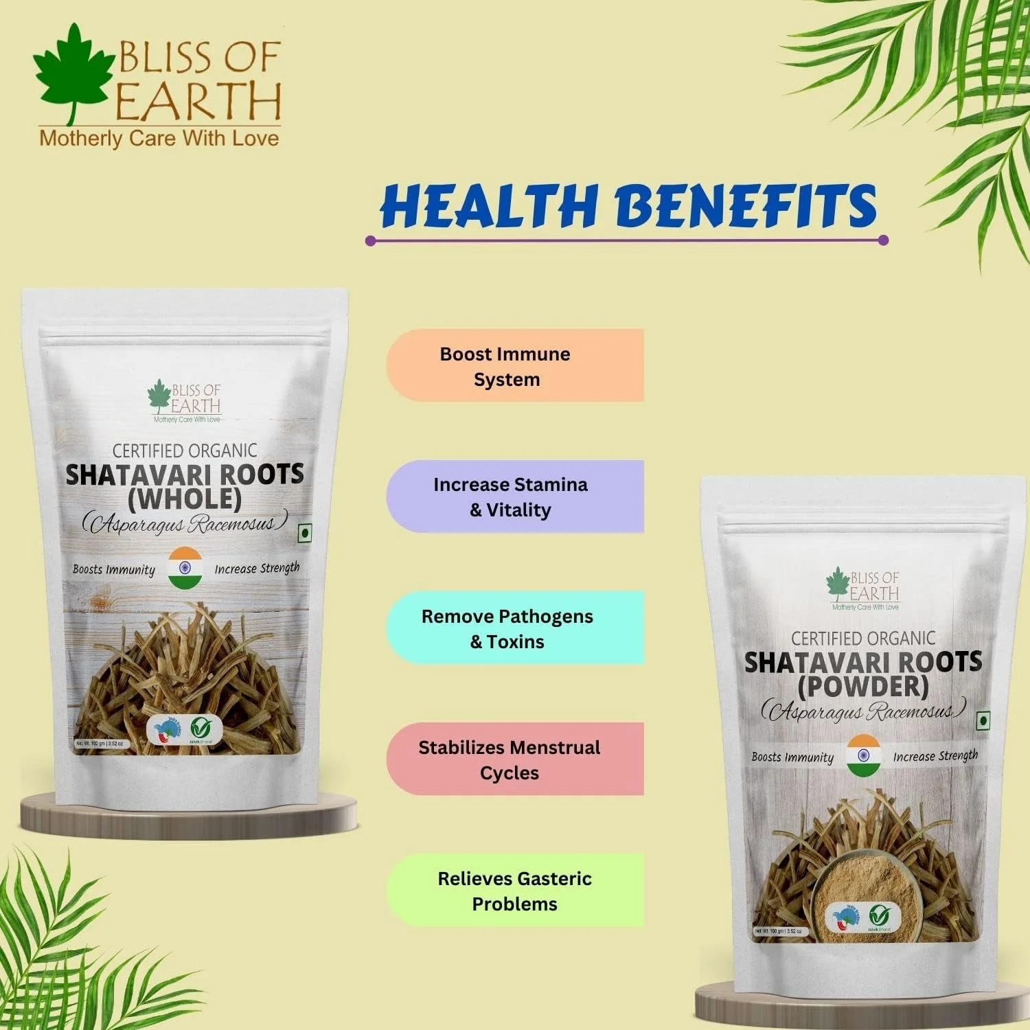 پودر ریشه شاتاواری بلیس آف ارث، ارگانیک، مارچوبه راسموسوس، طبیعی و غیر تراریخته، مناسب برای ایمنی و هضم، 200 گرم