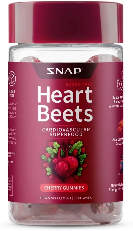 پاستیل ریشه چغندر ارگانیک Snap Supplements Heart Beets، مکمل پشتیبانی قلبی عروقی برای آقایان و بانوان، انار، اسفناج قرمز، پشتیبانی از سلامت قلب و گردش خون، بدون شکر، گیلاس، 60 پاستیل